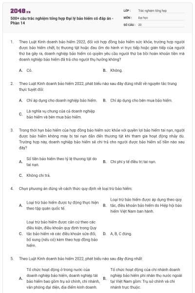 500+ câu trắc nghiệm tổng hợp Đại lý bảo hiểm có đáp án - Phần 14