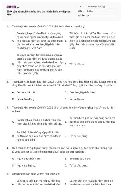500+ câu trắc nghiệm tổng hợp Đại lý bảo hiểm có đáp án - Phần 17