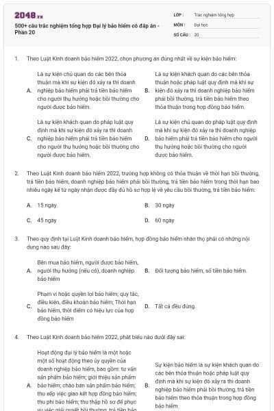 500+ câu trắc nghiệm tổng hợp Đại lý bảo hiểm có đáp án - Phần 20
