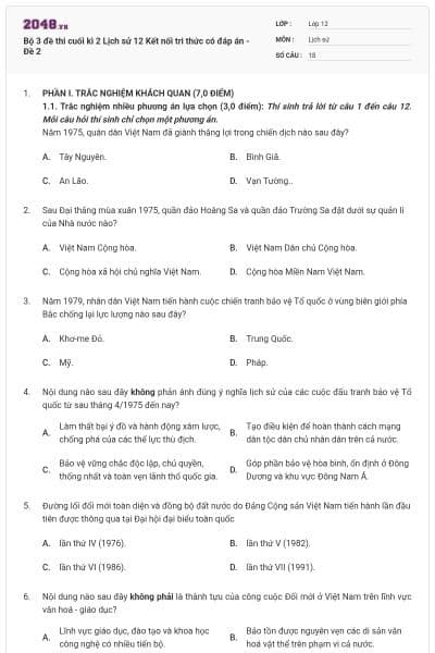 Bộ 3 đề thi cuối kì 2 Lịch sử 12 Kết nối tri thức có đáp án - Đề 2