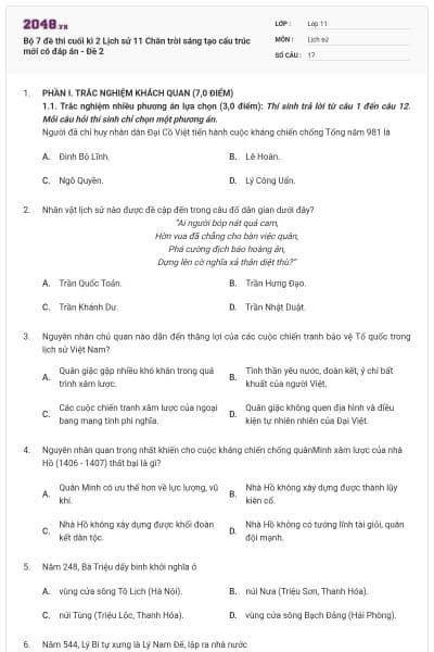 Bộ 7 đề thi cuối kì 2 Lịch sử 11 Chân trời sáng tạo cấu trúc mới có đáp án - Đề 2