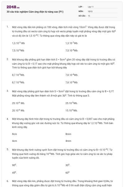 30 câu trắc nghiệm Cảm ứng điện từ nâng cao (P1)