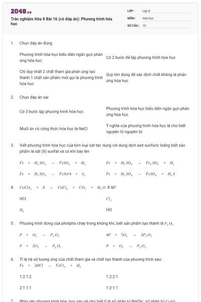 Trắc nghiệm Hóa 8 Bài 16 (có đáp án): Phương trình hóa học