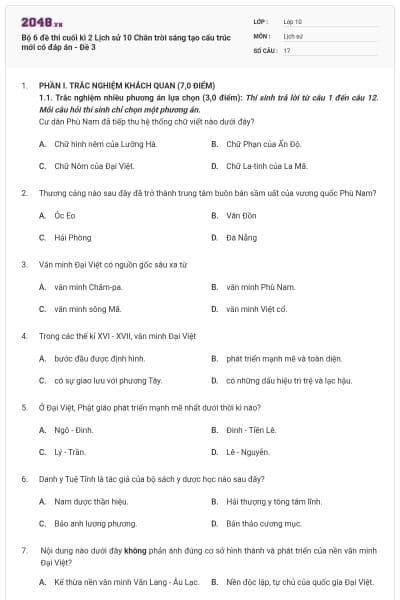 Bộ 6 đề thi cuối kì 2 Lịch sử 10 Chân trời sáng tạo cấu trúc mới có đáp án - Đề 3