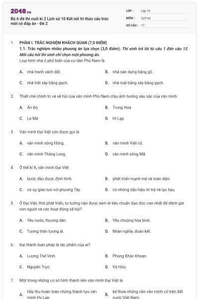 Bộ 6 đề thi cuối kì 2 Lịch sử 10 Kết nối tri thức cấu trúc mới có đáp án - Đề 2