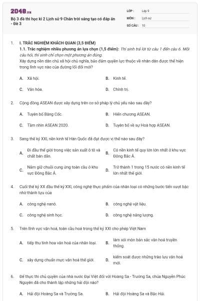 Bộ 3 đề thi học kì 2 Lịch sử 9 Chân trời sáng tạo có đáp án - Đề 3