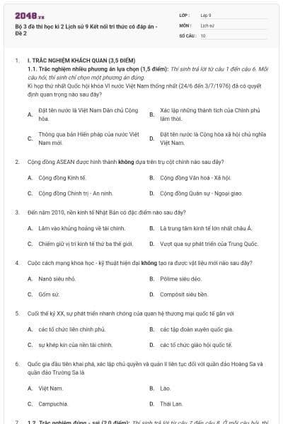 Bộ 3 đề thi học kì 2 Lịch sử 9 Kết nối tri thức có đáp án - Đề 2
