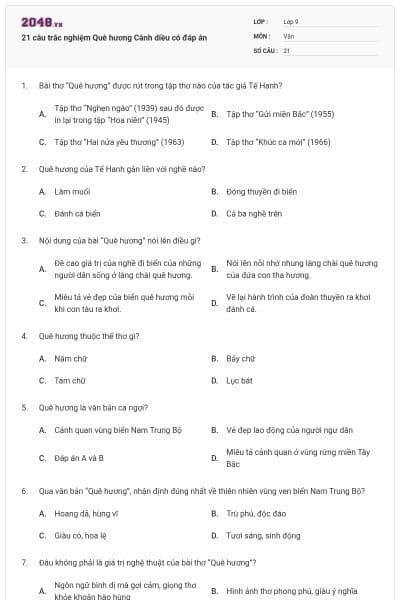 21 câu trắc nghiệm Quê hương Cánh diều có đáp án