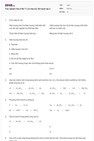 Trắc nghiệm Hóa 8 Bài 17 (có đáp án): Bài luyện tập 3