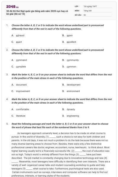 30 đề thi thử thpt quốc gia tiếng anh năm 2020 cực hay có lời giải (Đề số 15)