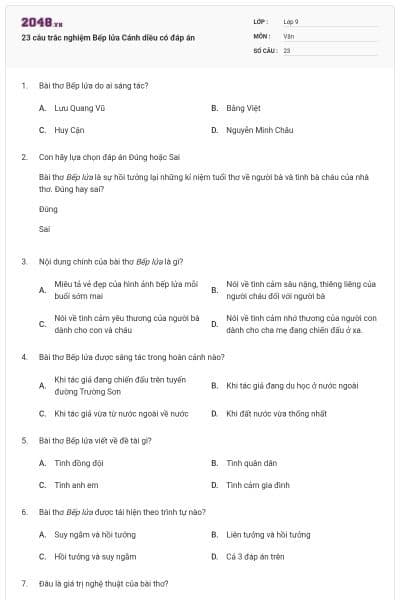 23 câu trắc nghiệm Bếp lửa Cánh diều có đáp án