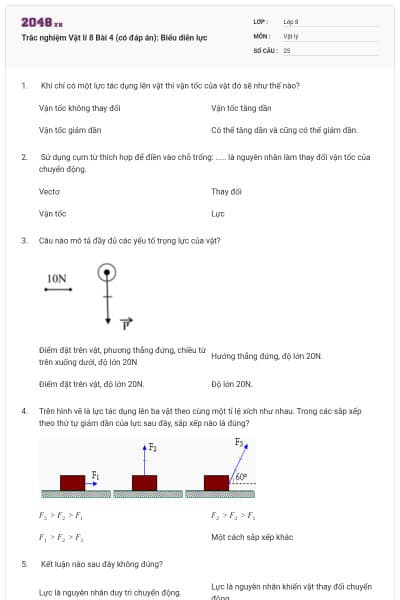 Trắc nghiệm Vật lí 8  Bài 4 (có đáp án): Biểu diễn lực