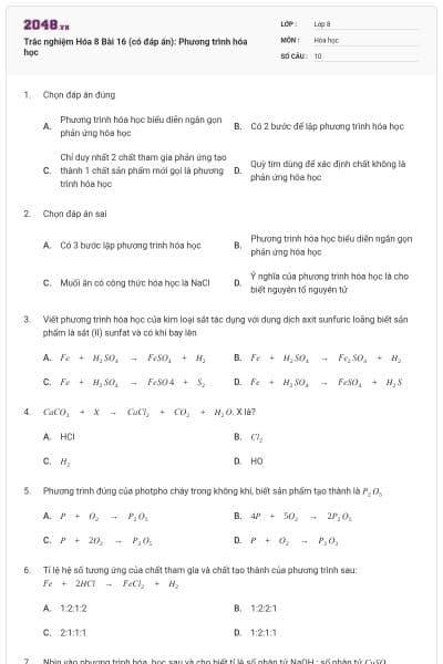 Trắc nghiệm Hóa 8 Bài 16 (có đáp án): Phương trình hóa học