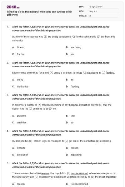 Tổng hợp đề thi thử mới nhất môn tiếng anh cực hay có lời giải (P10)