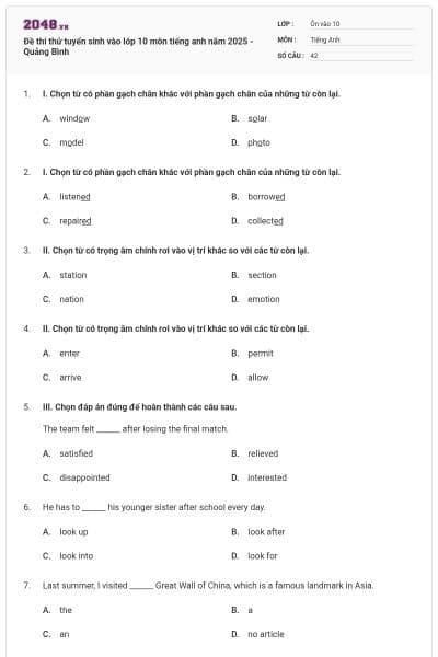 Đề thi thử tuyển sinh vào lớp 10 môn tiếng anh năm 2025 - Quảng Bình