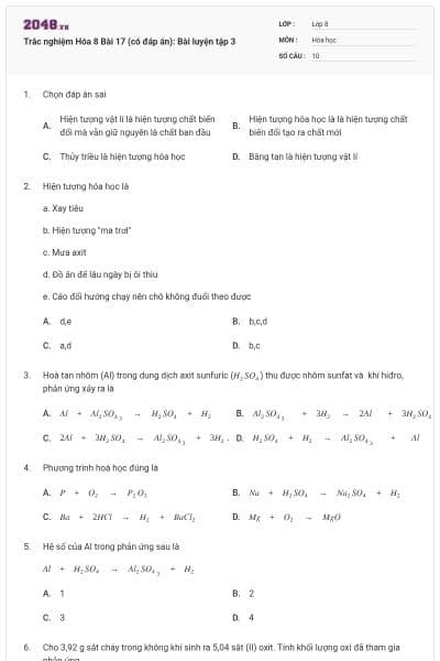 Trắc nghiệm Hóa 8 Bài 17 (có đáp án): Bài luyện tập 3