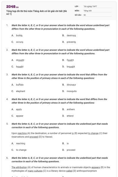 Tổng hợp đề thi thử môn Tiếng Anh có lời giải chi tiết (Đề số 1)