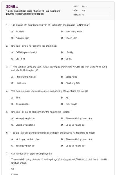 15 câu trắc nghiệm Cùng nhà văn Tô Hoài ngắm phố phường Hà Nội Cánh diều có đáp án