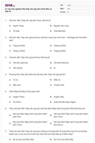 21 câu trắc nghiệm Đền tháp vẫn ngủ yên Cánh diều có đáp án