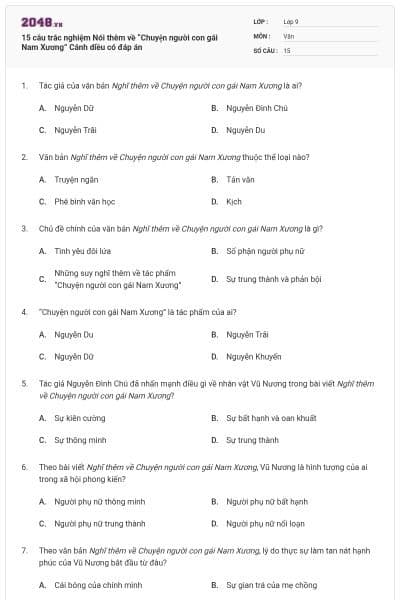 15 câu trắc nghiệm Nói thêm về “Chuyện người con gái Nam Xương” Cánh diều có đáp án