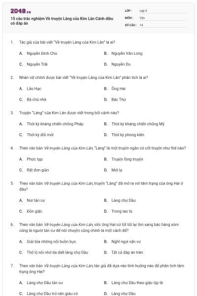15 câu trắc nghiệm Về truyện Làng của Kim Lân Cánh diều có đáp án