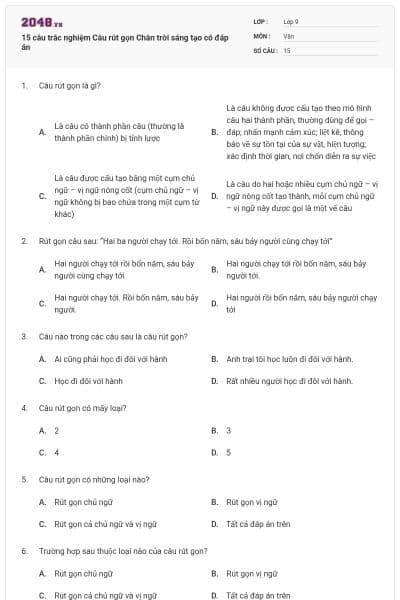 15 câu trắc nghiệm Câu rút gọn Chân trời sáng tạo có đáp án