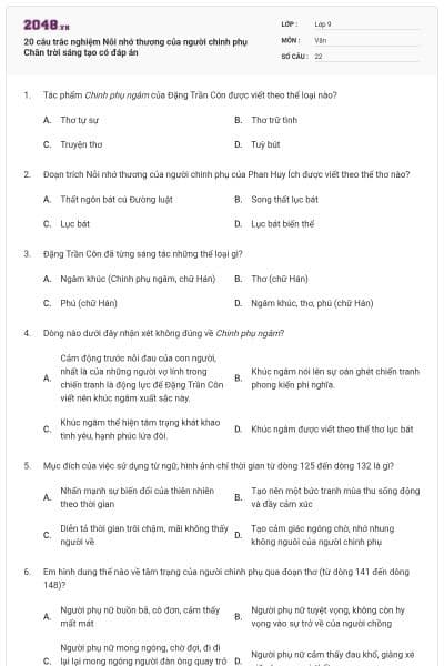 20 câu trắc nghiệm Nỗi nhớ thương của người chinh phụ Chân trời sáng tạo có đáp án