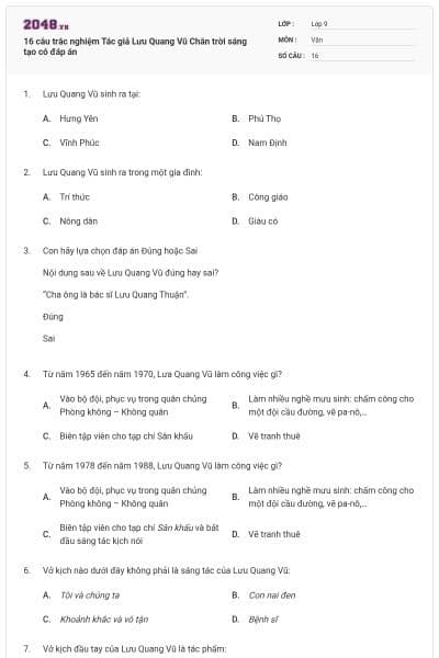16 câu trắc nghiệm Tác giả Lưu Quang Vũ Chân trời sáng tạo có đáp án