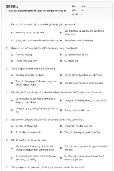 11 câu trắc nghiệm Cái roi tre Chân trời sáng tạo có đáp án