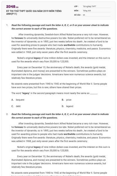 KỲ THI THỬ THPT QUỐC GIA NĂM 2019 MÔN TIẾNG ANH(P11)