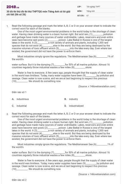 30 đề thi thử đề thi thử THPTQG môn Tiếng Anh có lời giải chi tiết (Đề số 26)