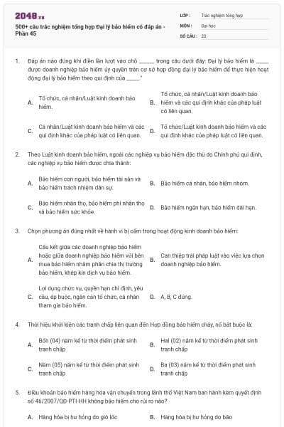 500+ câu trắc nghiệm tổng hợp Đại lý bảo hiểm có đáp án - Phần 45