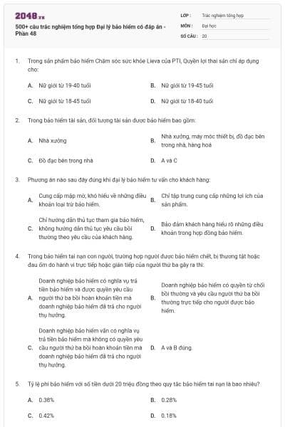 500+ câu trắc nghiệm tổng hợp Đại lý bảo hiểm có đáp án - Phần 48