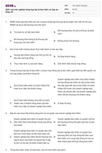 500+ câu trắc nghiệm tổng hợp Đại lý bảo hiểm có đáp án - Phần 49