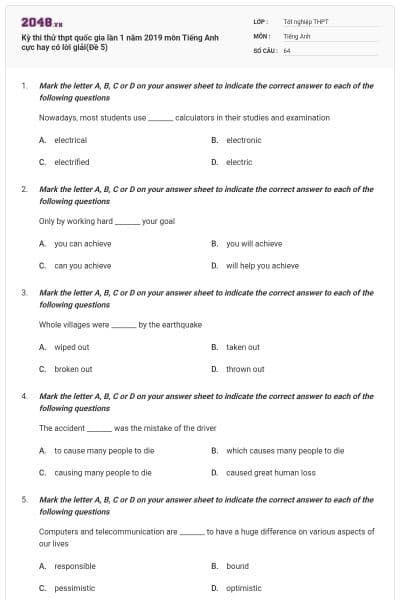 Kỳ thi thử thpt quốc gia lần 1 năm 2019 môn Tiếng Anh cực hay có lời giải(Đề 5)