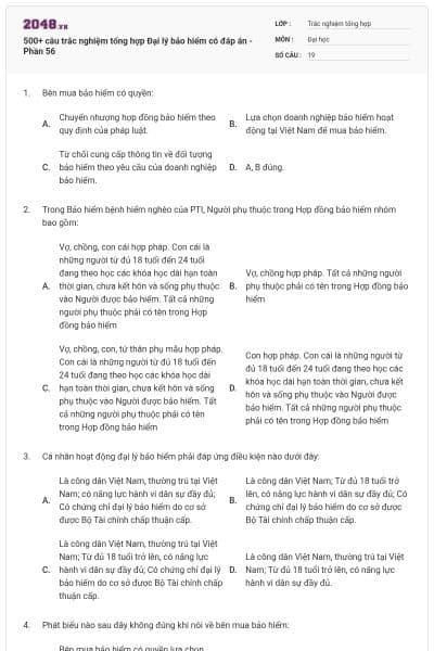 500+ câu trắc nghiệm tổng hợp Đại lý bảo hiểm có đáp án - Phần 56