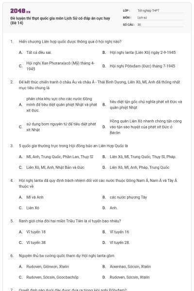Đề luyện thi thpt quốc gia môn Lịch Sử có đáp án cực hay (Đề 14)