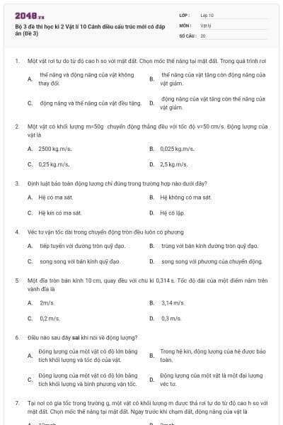 Bộ 3 đề thi học kì 2 Vật lí 10 Cánh diều cấu trúc mới có đáp án (Đề 3)