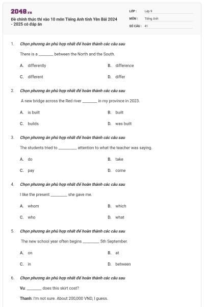 Đề chính thức thi vào 10 môn Tiếng Anh tỉnh Yên Bái 2024 - 2025 có đáp án