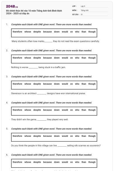 Đề chính thức thi vào 10 môn Tiếng Anh tỉnh Bình Định 2024 - 2025 có đáp án