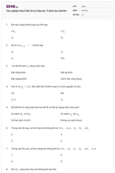 Trắc nghiệm Hóa 8 Bài 20 (có đáp án): Tỉ khối của chất khí