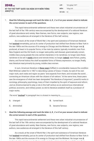 KỲ THI THỬ THPT QUỐC GIA NĂM 2019 MÔN TIẾNG ANH(P12)