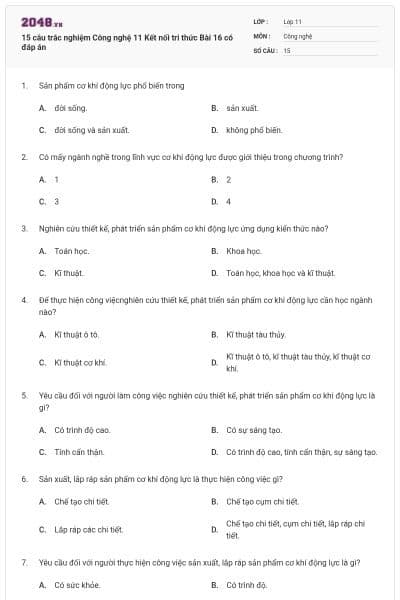 15 câu trắc nghiệm Công nghệ 11 Kết nối tri thức Bài 16 có đáp án