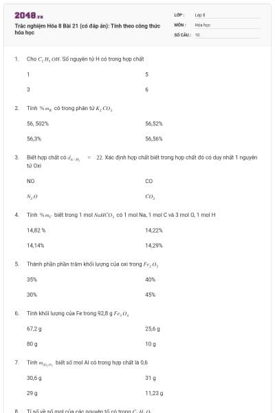 Trắc nghiệm Hóa 8 Bài 21 (có đáp án): Tính theo công thức hóa học