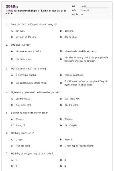 15 câu trắc nghiệm Công nghệ 11 Kết nối tri thức Bài 21 có đáp án
