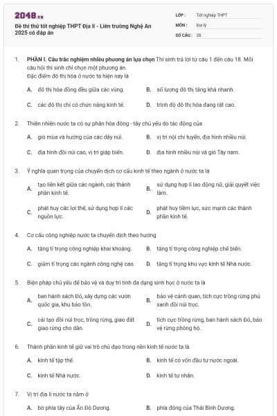 Đề thi thử tốt nghiệp THPT Địa lí - Liên trường Nghệ An 2025 có đáp án