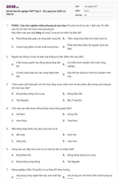 Đề thi thử tốt nghiệp THPT Địa lí - Sở Lạng Sơn 2025 có đáp án