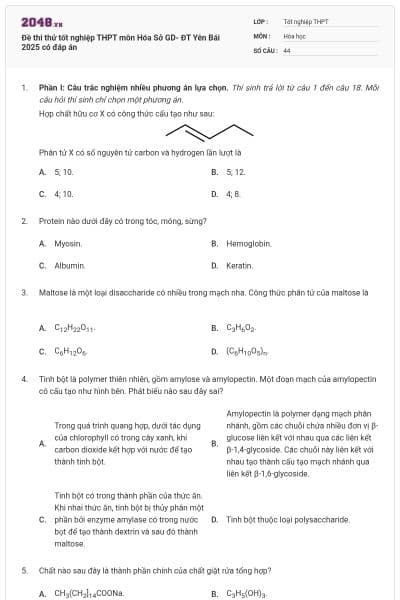 Đề thi thử tốt nghiệp THPT môn Hóa Sở GD- ĐT Yên Bái 2025 có đáp án