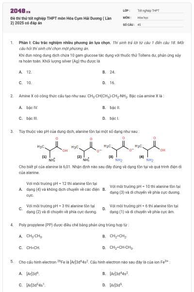 Đề thi thử tốt nghiệp THPT môn Hóa Cụm Hải Dương ( Lần 2) 2025 có đáp án