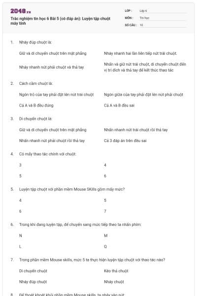 Trắc nghiệm tin học 6 Bài 5 (có đáp án): Luyện tập chuột máy tính